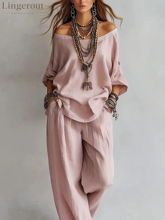 Women’S One-Shoulder Loose Top Wide-Leg Pants Cross-Border Two-Piece Set - Pink / S