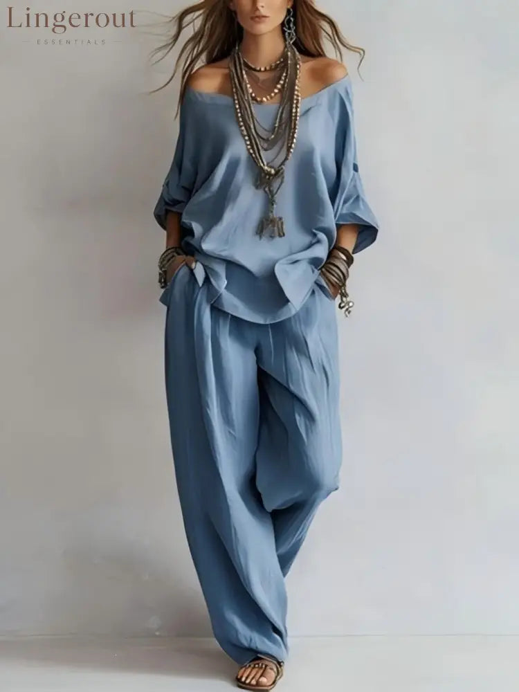 Women’S One-Shoulder Loose Top Wide-Leg Pants Cross-Border Two-Piece Set - Sky blue / S