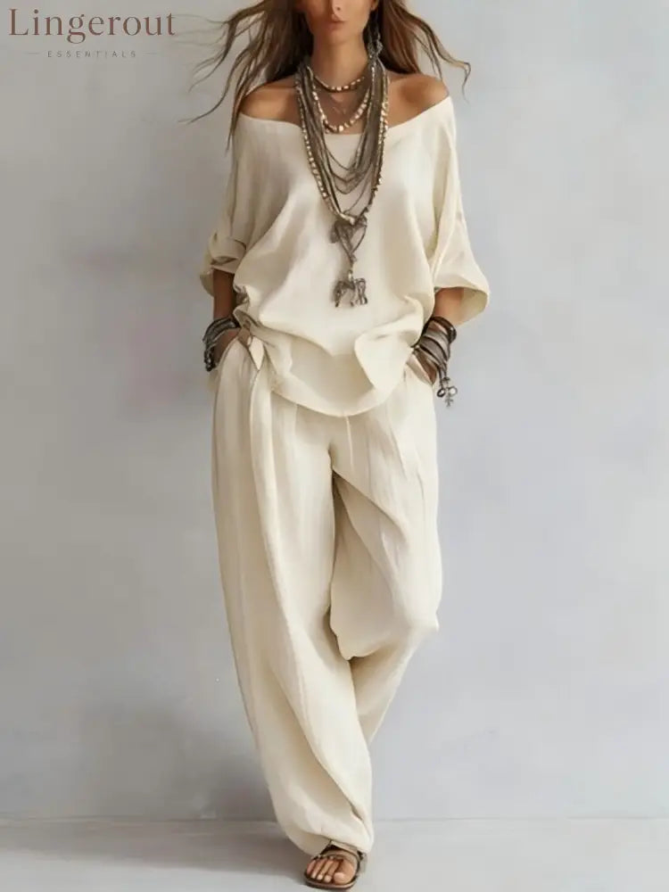 Women’S One-Shoulder Loose Top Wide-Leg Pants Cross-Border Two-Piece Set - White / S