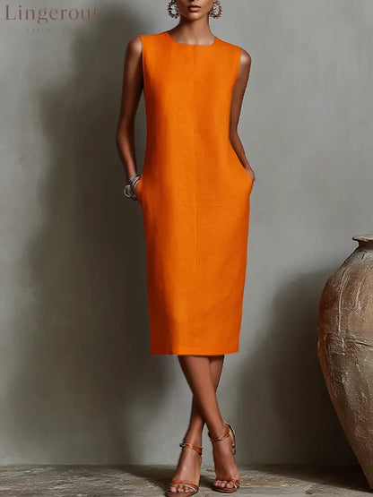 Women’s Orange Linen Shift Dress With Sleeveless Round Neck & Side Pockets Timeless Minimalist-Elegant Style Dress