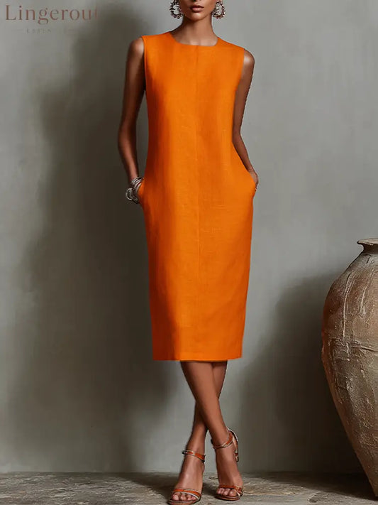 Women’s Orange Linen Shift Dress With Sleeveless Round Neck & Side Pockets Timeless Minimalist-Elegant Style Dress