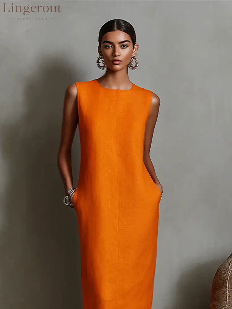 Women’s Orange Linen Shift Dress With Sleeveless Round Neck & Side Pockets Timeless Minimalist-Elegant Style Dress