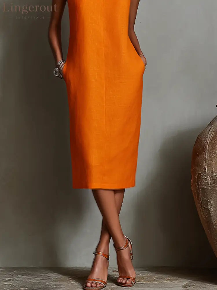 Women’s Orange Linen Shift Dress With Sleeveless Round Neck & Side Pockets Timeless Minimalist-Elegant Style Dress