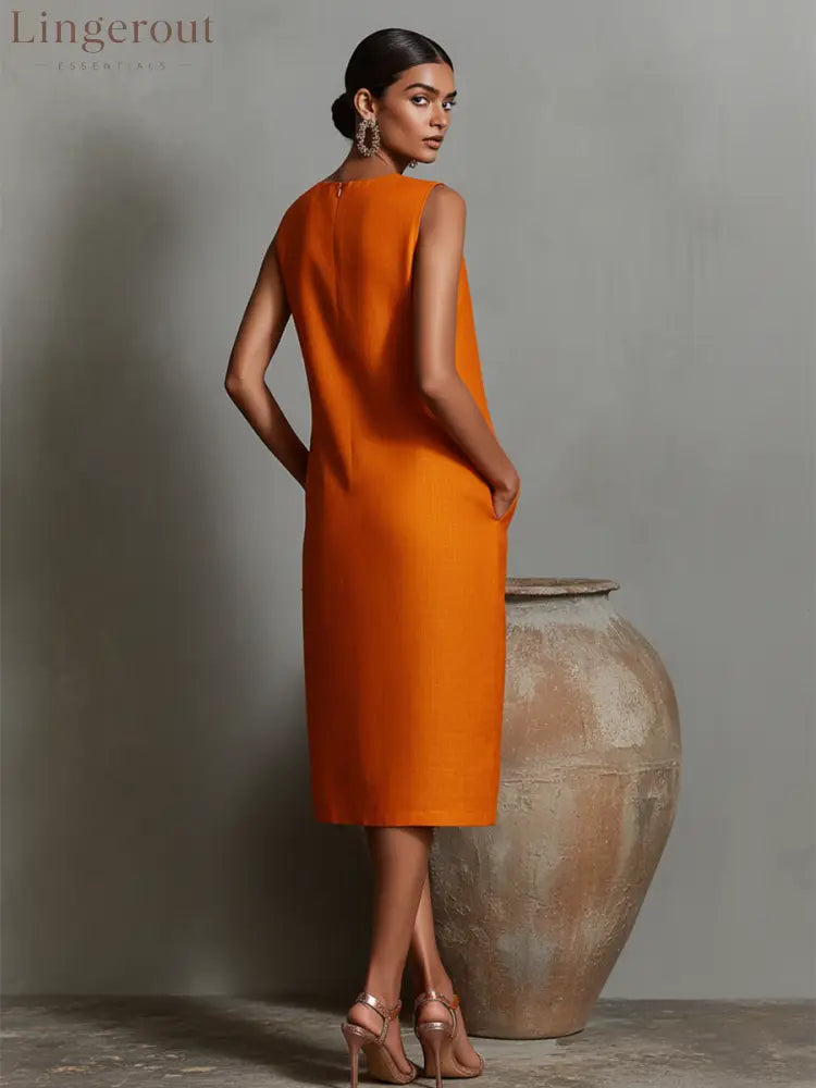 Women’s Orange Linen Shift Dress With Sleeveless Round Neck & Side Pockets Timeless Minimalist-Elegant Style Dress