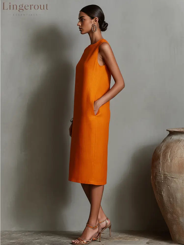 Women’s Orange Linen Shift Dress With Sleeveless Round Neck & Side Pockets Timeless Minimalist-Elegant Style Dress