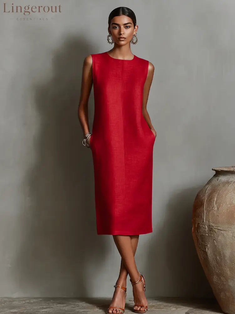 Women’s Orange Linen Shift Dress With Sleeveless Round Neck & Side Pockets Timeless Minimalist-Elegant Style Dress