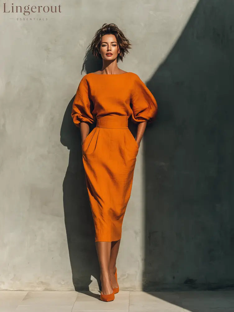 Women’s Orange Mid-sleeve Top And Midi Skirt Set