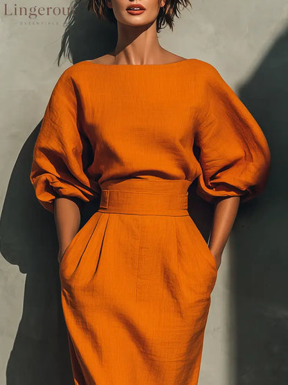 Women’s Orange Mid-sleeve Top And Midi Skirt Set