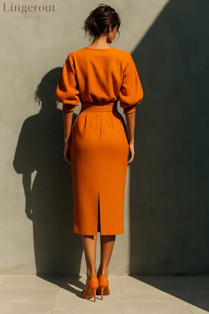 Women’s Orange Mid-sleeve Top And Midi Skirt Set