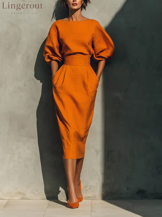 Women’s Orange Mid-sleeve Top And Midi Skirt Set - Orange / S