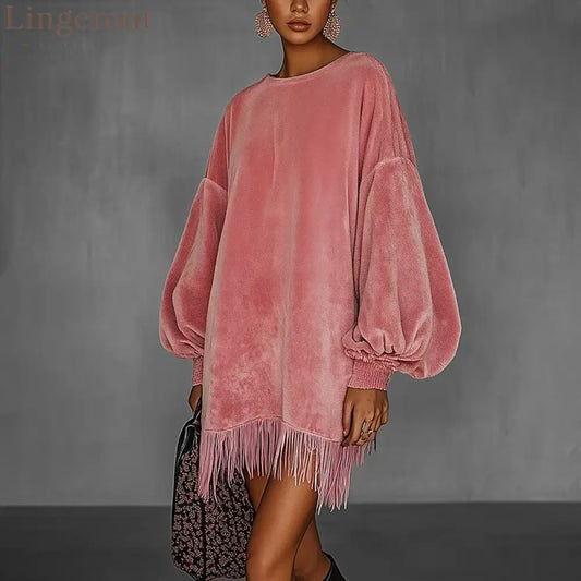 Women’s Pink Retro Velvet Stand Collar Fringe Dress - S