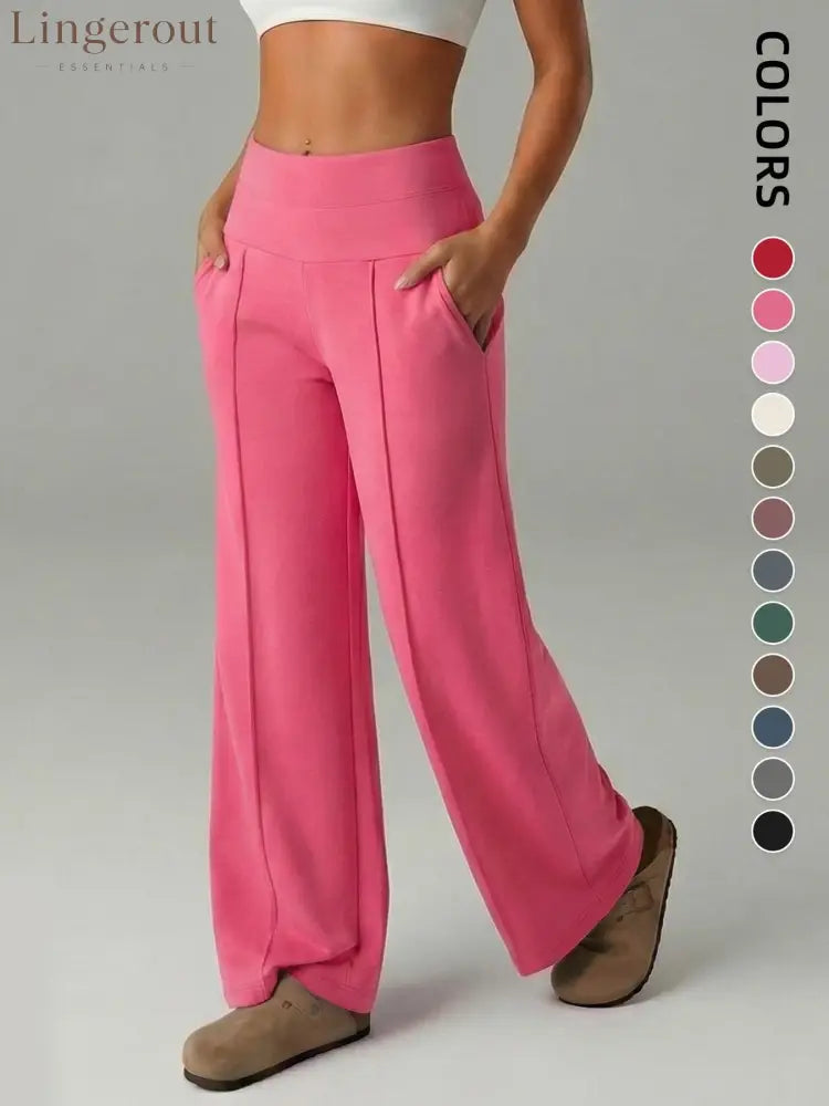 Women’s Plain Loose Straight Leg Pants Wide Leg High Waist Sporty Casual Sweatpants with Pockets