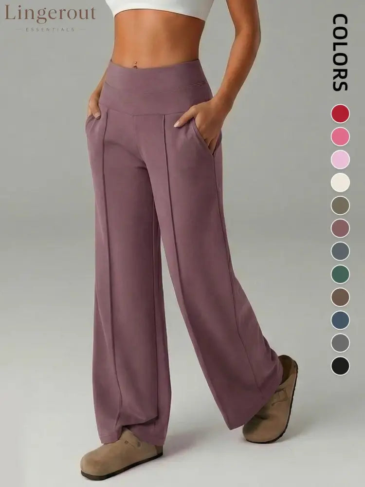 Women’s Plain Loose Straight Leg Pants Wide Leg High Waist Sporty Casual Sweatpants with Pockets