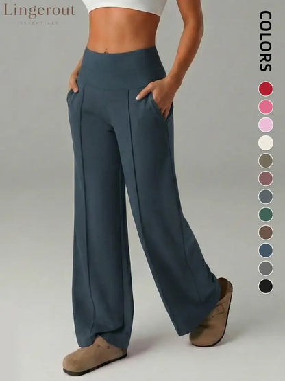 Women’s Plain Loose Straight Leg Pants Wide Leg High Waist Sporty Casual Sweatpants with Pockets