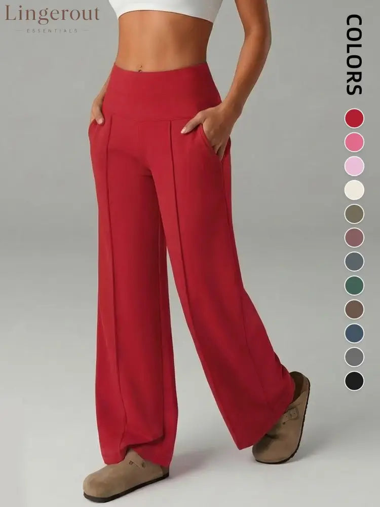 Women’s Plain Loose Straight Leg Pants Wide Leg High Waist Sporty Casual Sweatpants with Pockets