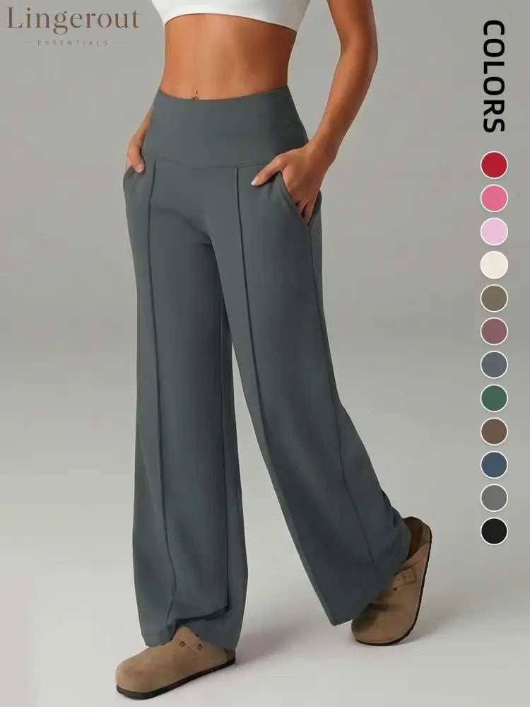 Women’s Plain Loose Straight Leg Pants Wide Leg High Waist Sporty Casual Sweatpants with Pockets