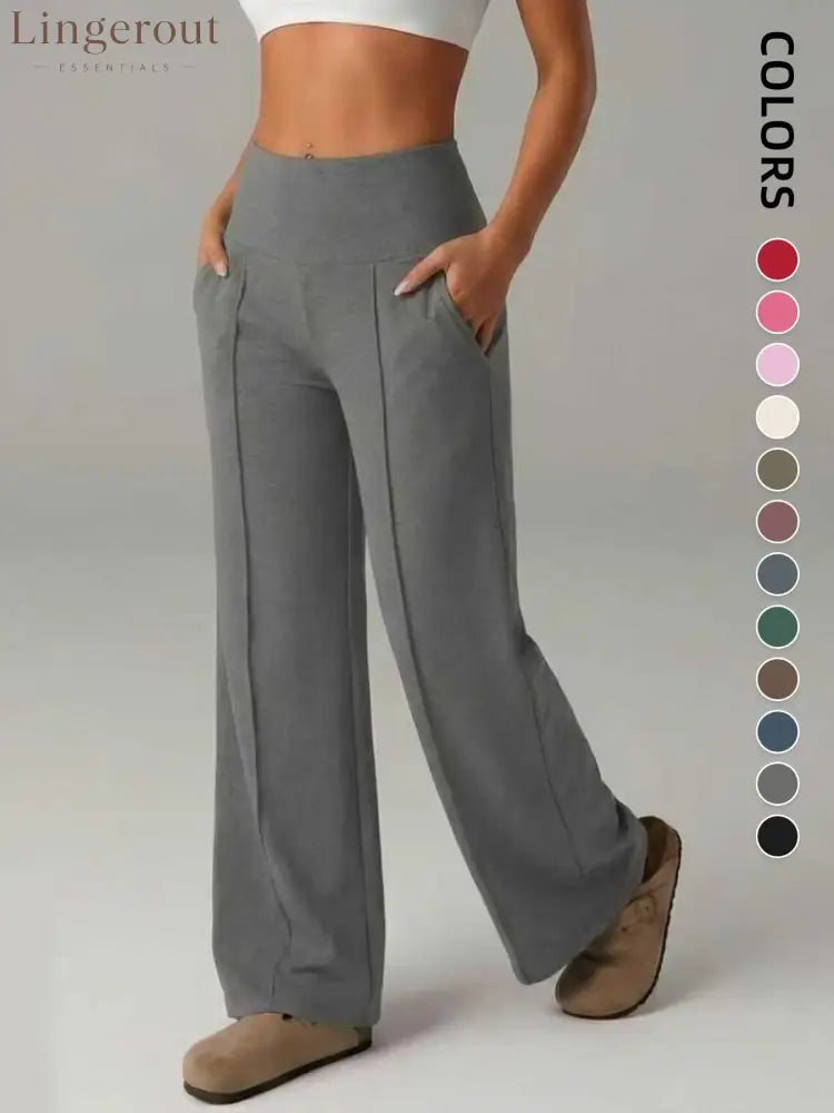 Women’s Plain Loose Straight Leg Pants Wide Leg High Waist Sporty Casual Sweatpants with Pockets