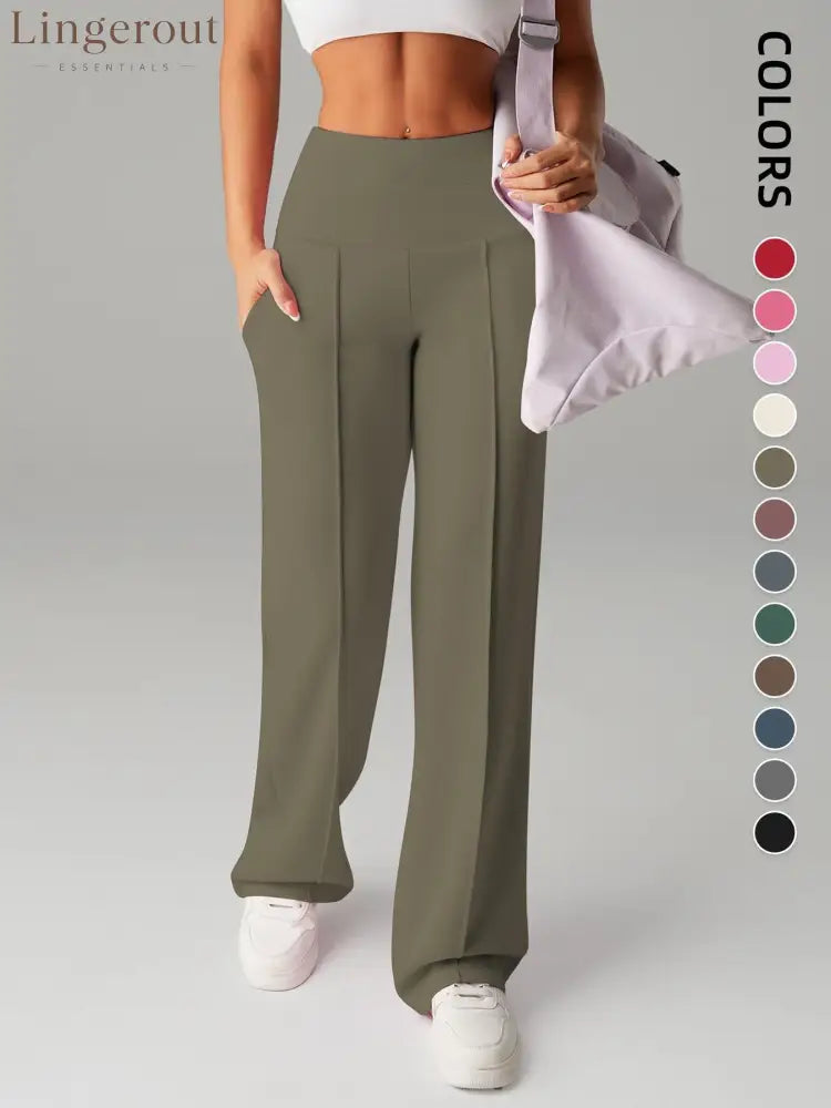 Women’s Plain Loose Straight Leg Pants Wide Leg High Waist Sporty Casual Sweatpants with Pockets