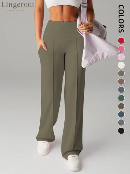 Women’s Plain Loose Straight Leg Pants Wide Leg High Waist Sporty Casual Sweatpants with Pockets