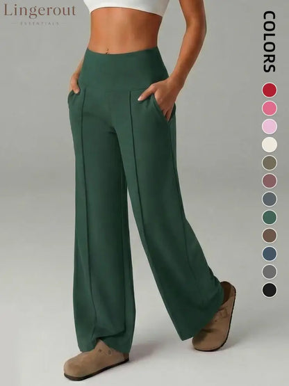 Women’s Plain Loose Straight Leg Pants Wide Leg High Waist Sporty Casual Sweatpants with Pockets