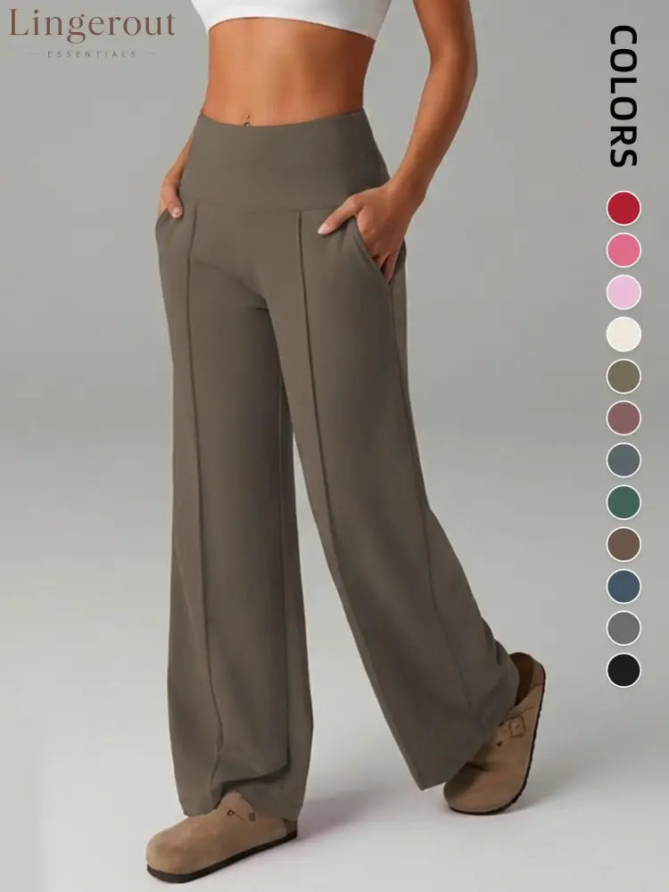 Women’s Plain Loose Straight Leg Pants Wide Leg High Waist Sporty Casual Sweatpants with Pockets