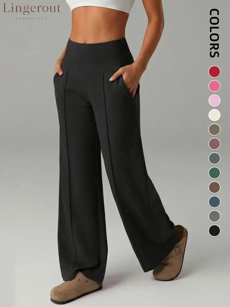 Women’s Plain Loose Straight Leg Pants Wide Leg High Waist Sporty Casual Sweatpants with Pockets
