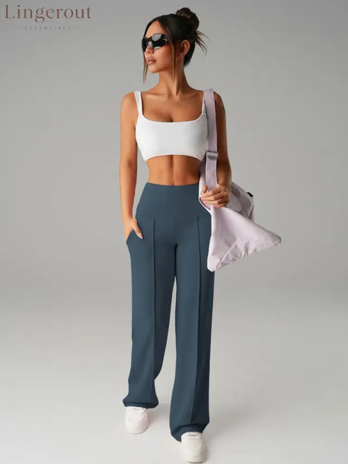 Women’s Plain Loose Straight Leg Pants Wide Leg High Waist Sporty Casual Sweatpants with Pockets