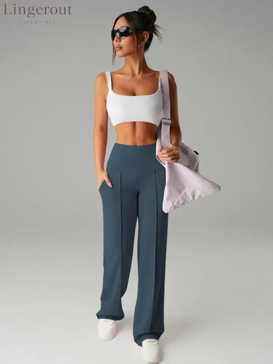 Women’s Plain Loose Straight Leg Pants Wide Leg High Waist Sporty Casual Sweatpants with Pockets