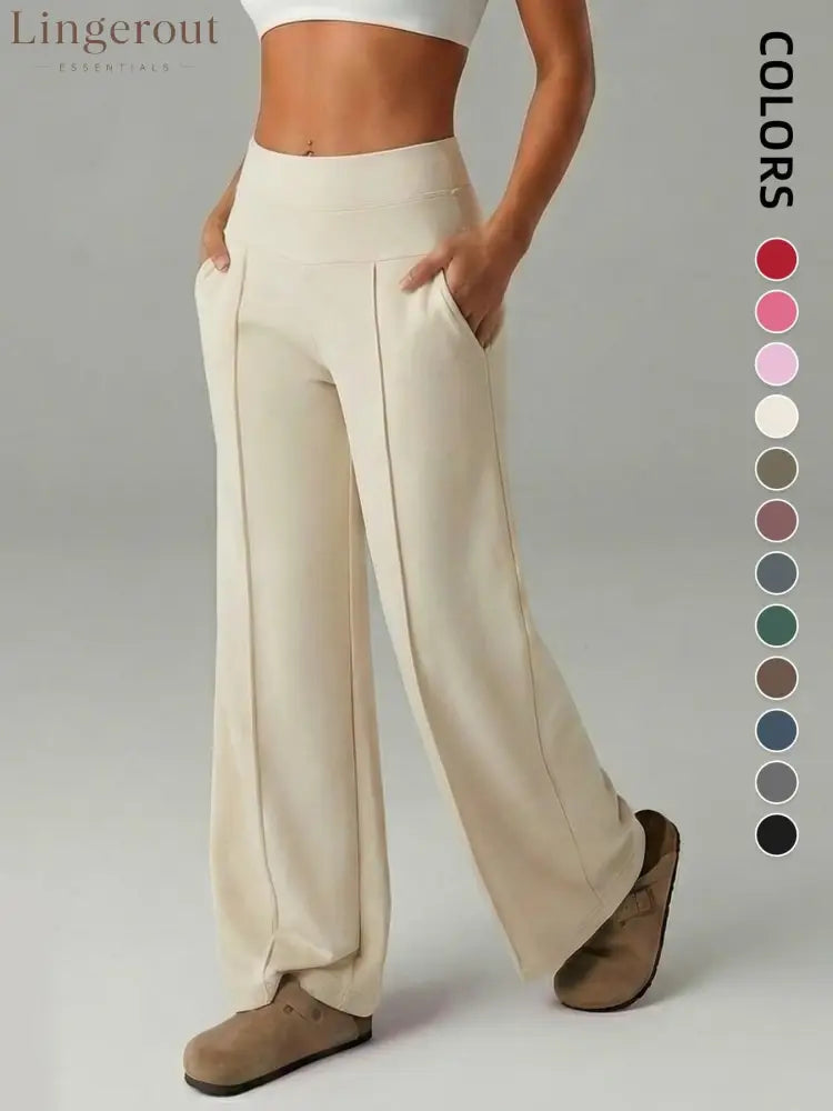 Women’s Plain Loose Straight Leg Pants Wide Leg High Waist Sporty Casual Sweatpants with Pockets