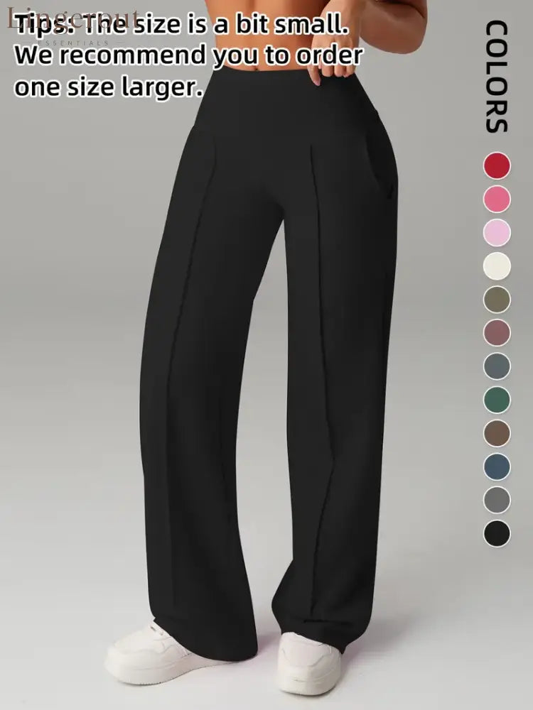 Women’s Plain Loose Straight Leg Pants Wide Leg High Waist Sporty Casual Sweatpants with Pockets - Black / S