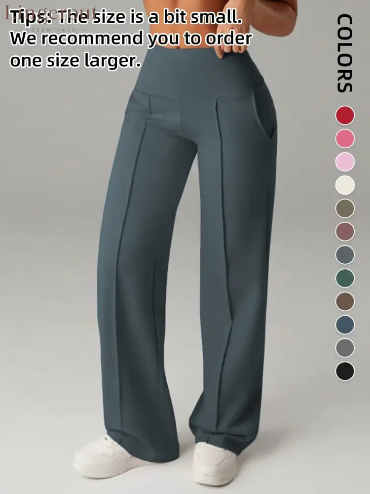 Women’s Plain Loose Straight Leg Pants Wide Leg High Waist Sporty Casual Sweatpants with Pockets - Dark Gray-Blue / S
