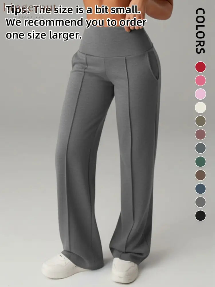 Women’s Plain Loose Straight Leg Pants Wide Leg High Waist Sporty Casual Sweatpants with Pockets - Hemp Gray / S