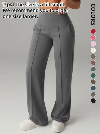 Women’s Plain Loose Straight Leg Pants Wide Leg High Waist Sporty Casual Sweatpants with Pockets - Hemp Gray / S