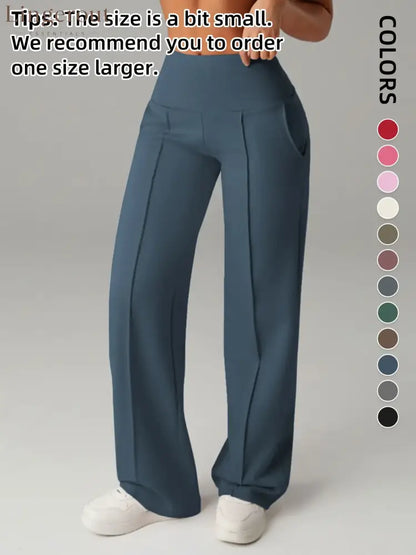 Women’s Plain Loose Straight Leg Pants Wide Leg High Waist Sporty Casual Sweatpants with Pockets - Navy Blue / S