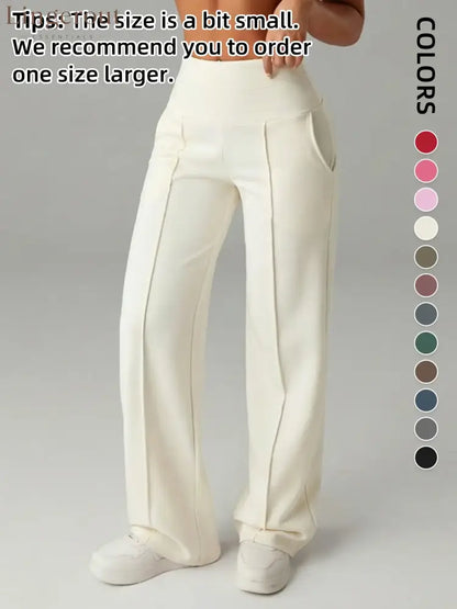 Women’s Plain Loose Straight Leg Pants Wide Leg High Waist Sporty Casual Sweatpants with Pockets - Off-White / S