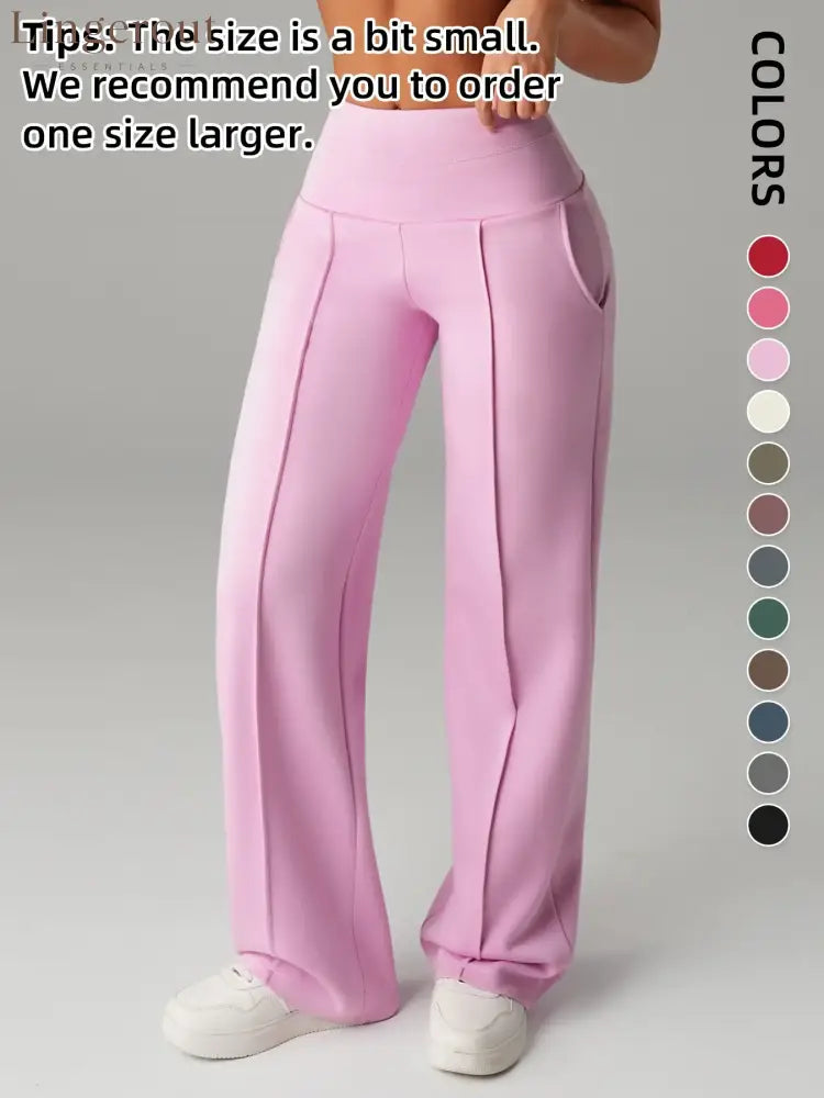 Women’s Plain Loose Straight Leg Pants Wide Leg High Waist Sporty Casual Sweatpants with Pockets - Pink / S