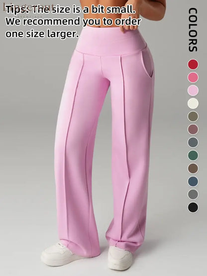 Women’s Plain Loose Straight Leg Pants Wide Leg High Waist Sporty Casual Sweatpants with Pockets - Pink / S