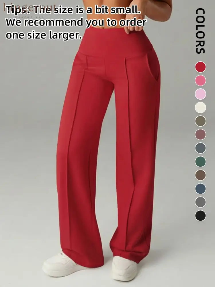 Women’s Plain Loose Straight Leg Pants Wide Leg High Waist Sporty Casual Sweatpants with Pockets - Red / S