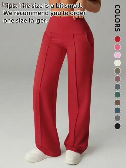 Women’s Plain Loose Straight Leg Pants Wide Leg High Waist Sporty Casual Sweatpants with Pockets - Red / S