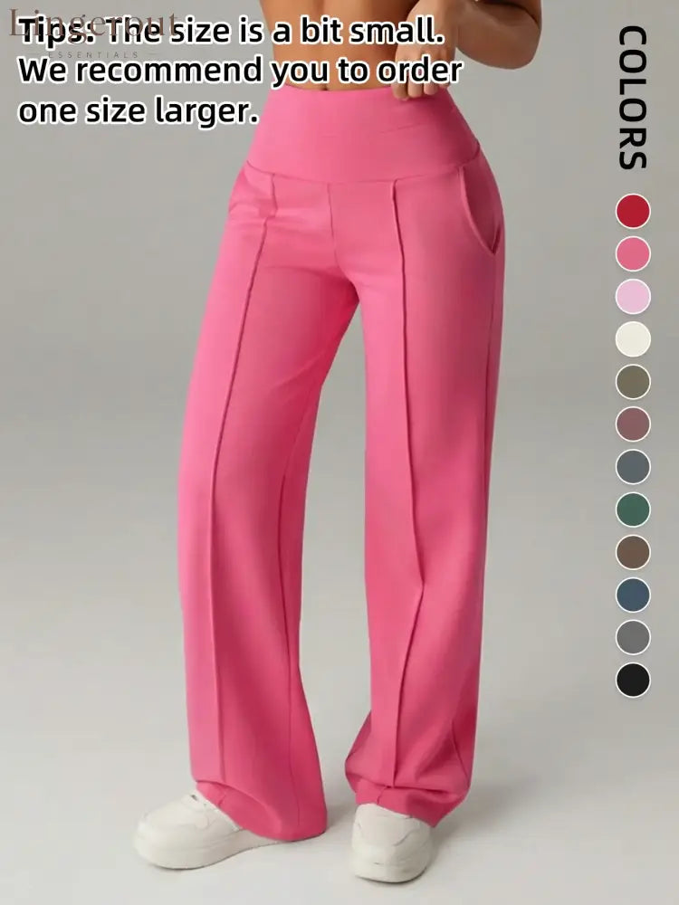 Women’s Plain Loose Straight Leg Pants Wide Leg High Waist Sporty Casual Sweatpants with Pockets - rose red / S