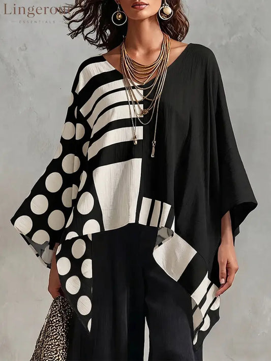 Women’s Polka Dot & Geometric Print V-neck 3/4-sleeve Casual Loose Cotton-linen Top - Black / S
