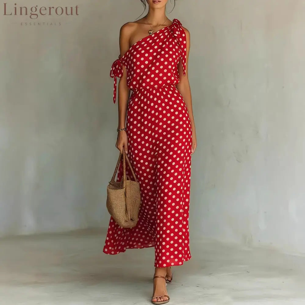 Women’s Polka Dot One-Shoulder Maxi Dress