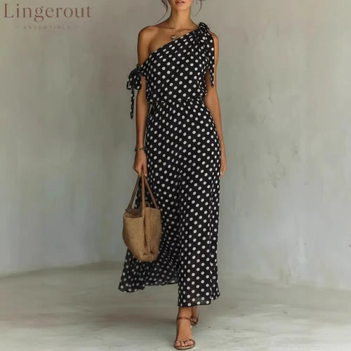 Women’s Polka Dot One-Shoulder Maxi Dress
