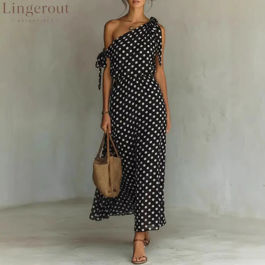 Women’s Polka Dot One-Shoulder Maxi Dress