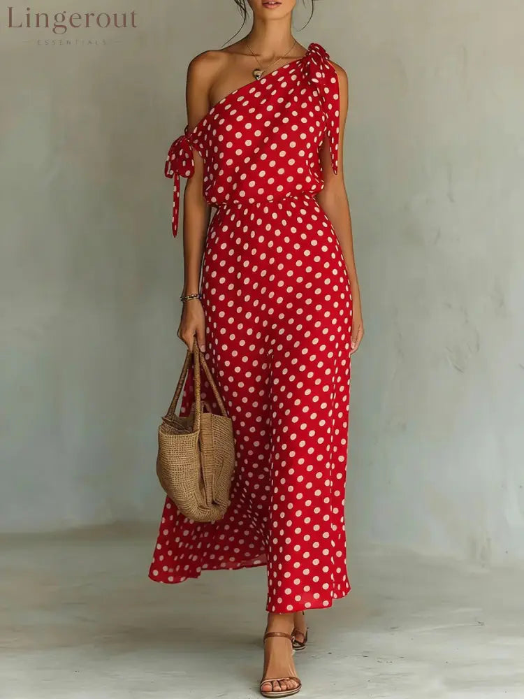 Women’s Polka Dot One-Shoulder Maxi Dress - Red / S