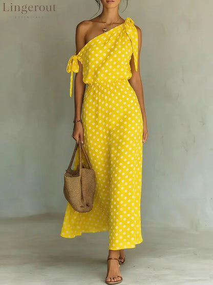 Women’s Polka Dot One-Shoulder Maxi Dress - Yellow / S