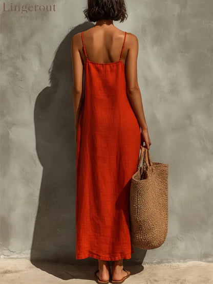 Women’s Red Cotton Dress With Spaghetti Straps & Square Neck Timeless Boho-Resort Style Dress