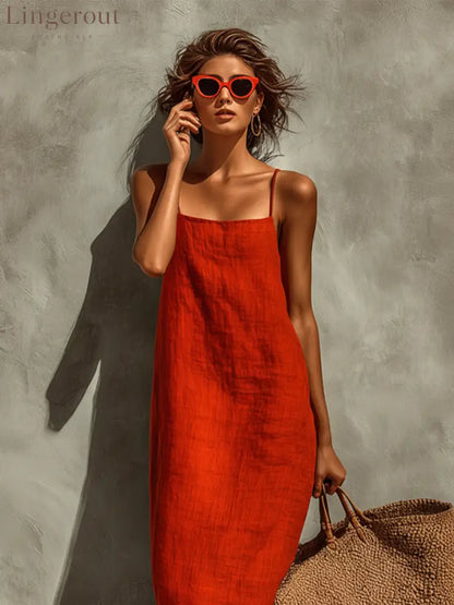 Women’s Red Cotton Dress With Spaghetti Straps & Square Neck Timeless Boho-Resort Style Dress