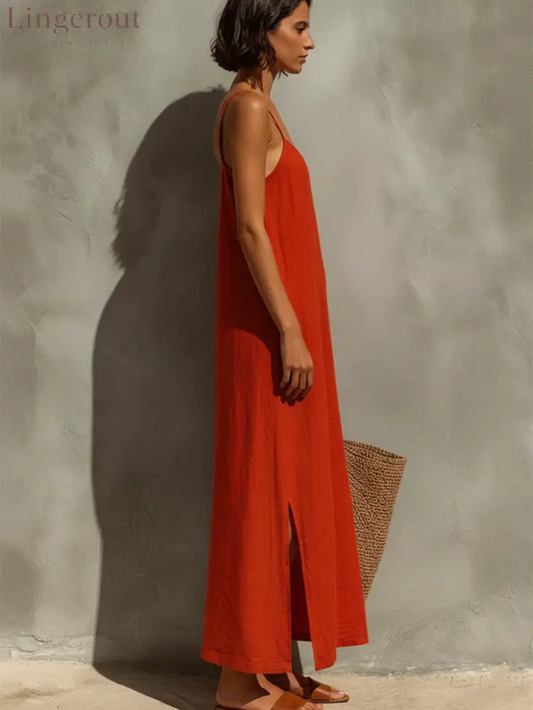 Women’s Red Cotton Dress With Spaghetti Straps & Square Neck Timeless Boho-Resort Style Dress