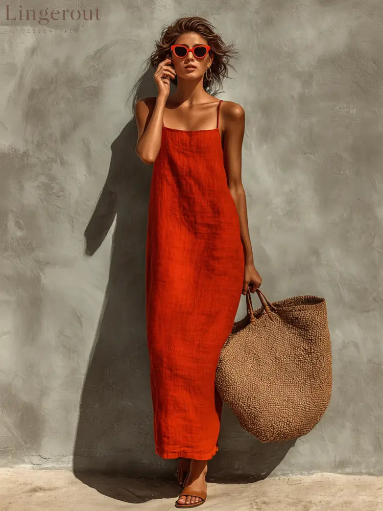 Women’s Red Cotton Dress With Spaghetti Straps & Square Neck Timeless Boho-Resort Style Dress